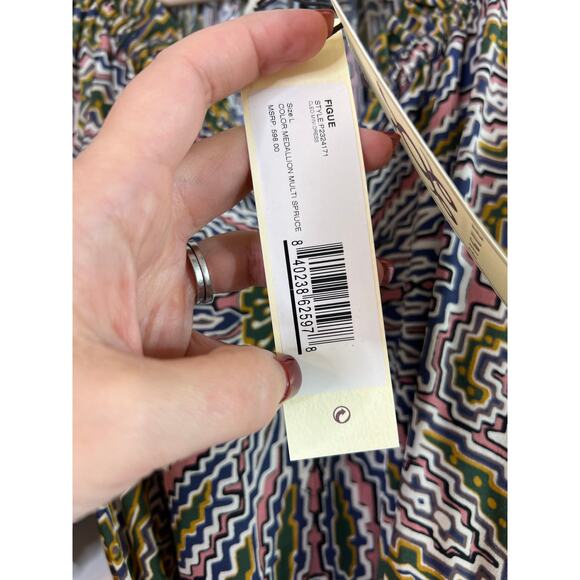 NWT Figue Cleo Silk Ruffle Neck Belted Mini Dress Medallion Multi Spruce Large - Picture 6 of 8